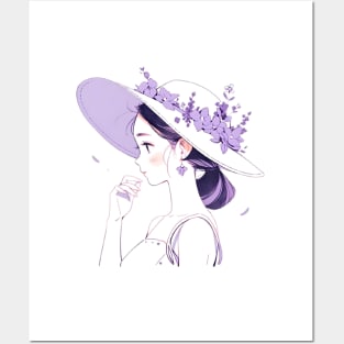 Minimalist line art pretty girl in purple Posters and Art